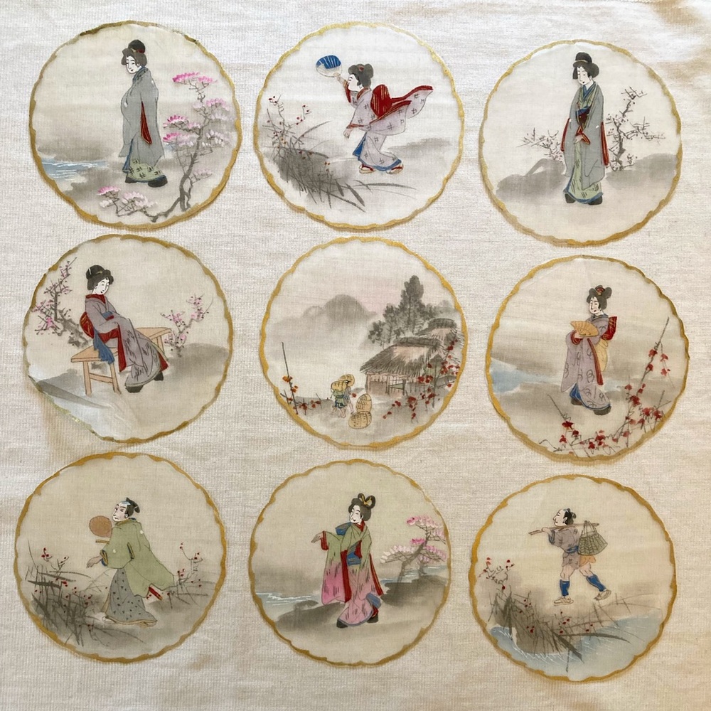 Vintage Set of Traditional Japanese Hand Painted Silks for fans 1 Large 9 Small - Picture 4 of 16